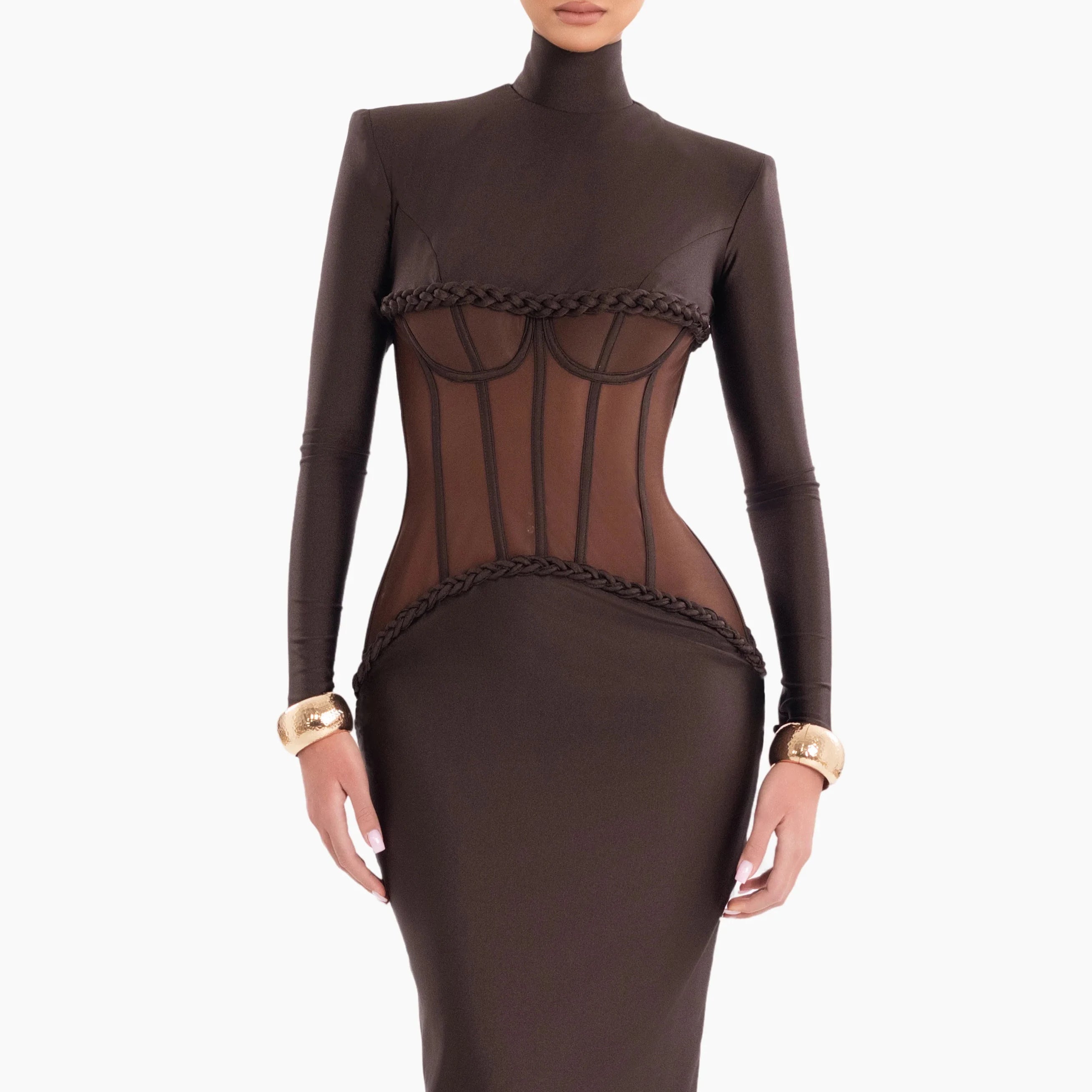 Sophisticated Brown High-Neck Long Sleeves Dress with Sheer Mesh Corset Accent for Party Evening Gown