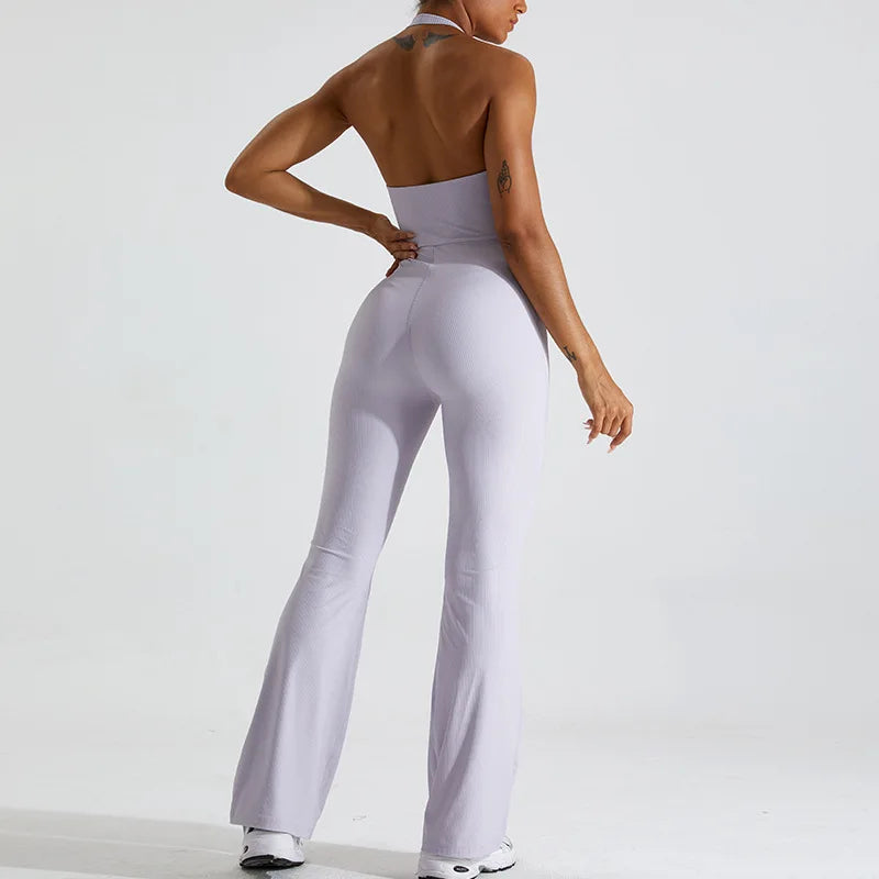 Women's Sportswear Hanging Neck Without Sleeves Yoga Suit Gym Push Ups Fitness Workout Bodysuit Quick Drying Yoga One Piece purple in color