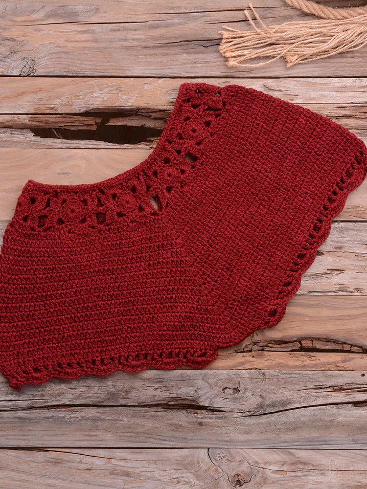 Bikini 2022 knitting Swimsuit Crochet Bikini Bohemia Style Off Shoulder High Neck Bathing Beach Bikinis Handmade Crochet Bikini Wine Red Bottom