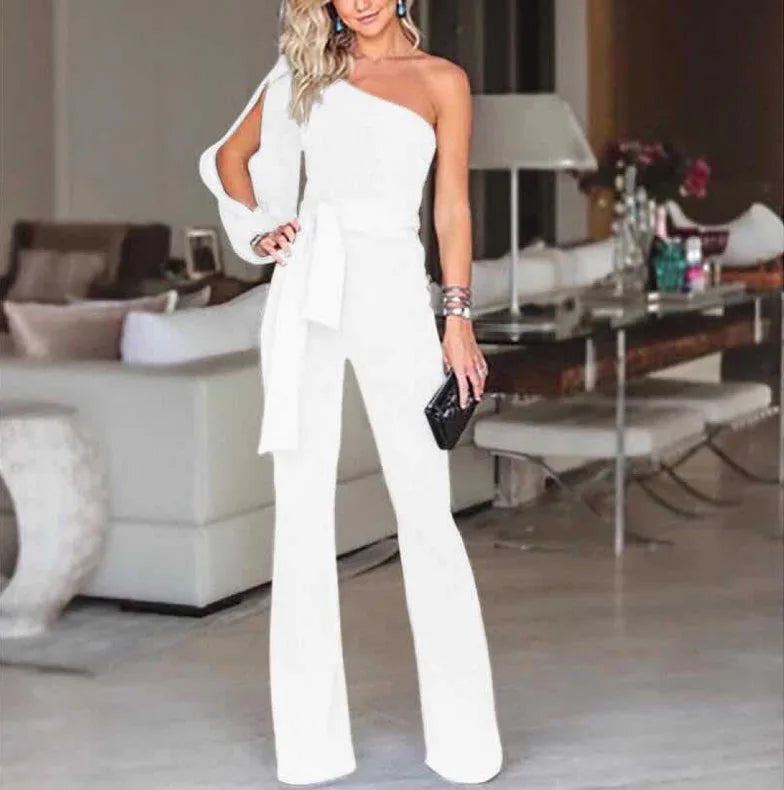 Summer New Women's High Waist Tie Up Solid Color Slim Fit Sexy Jumpsuit Slant Shoulder Elegant Banquet Women's Wear WHITE