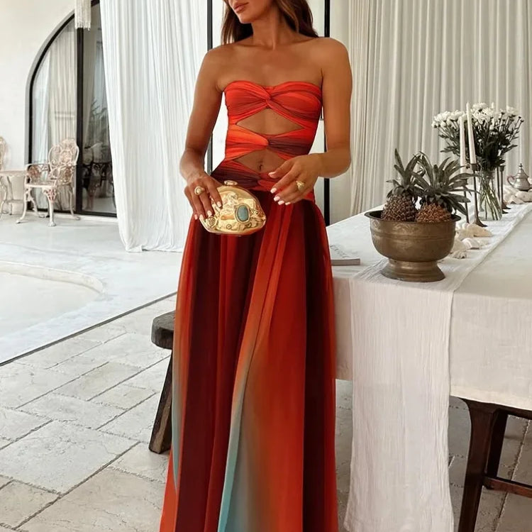 Chic Tie-dye Gradient Women's Dress Fashion Hollow Out Pleated Sling A-line Maxi Dresses New Summer Lady Holiday Beach Robe 2025