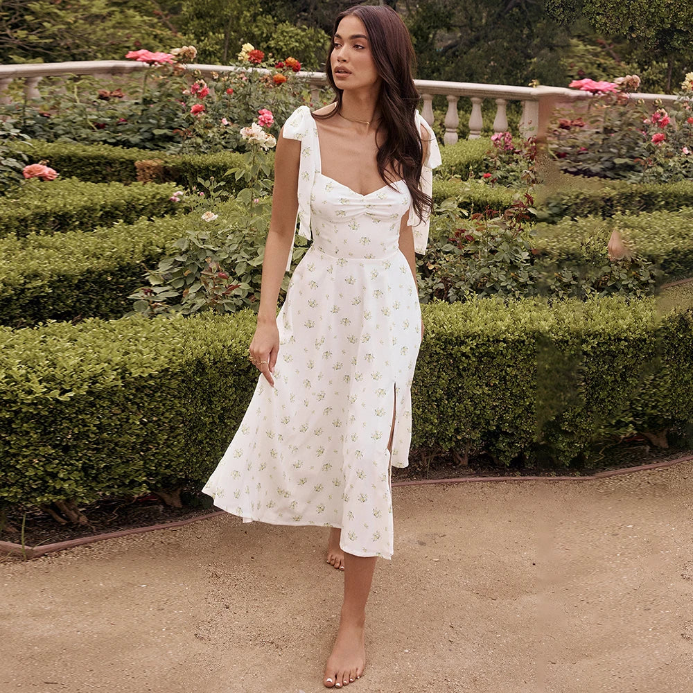 Summer Floral Long Dress Women Fashion Sleeveless Off Shoulder White Slim Slip Maxi Dresses Elegant Sundress Vestido Casual