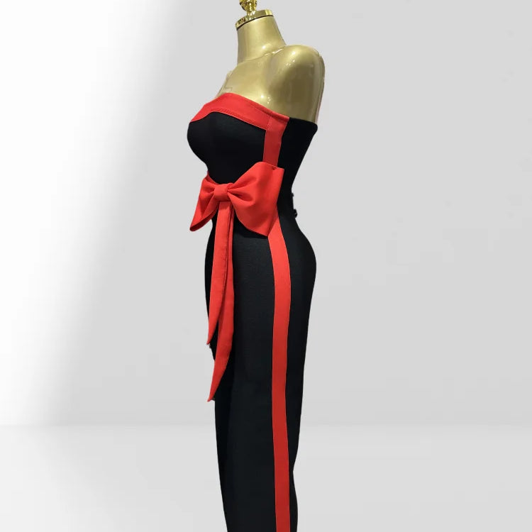 2025 Graceful Bow Sleeveless Strapless Sheath Black Bandage Ankle Lengh Dress Woman Party Vestido Celebrity Cocktail Outfit