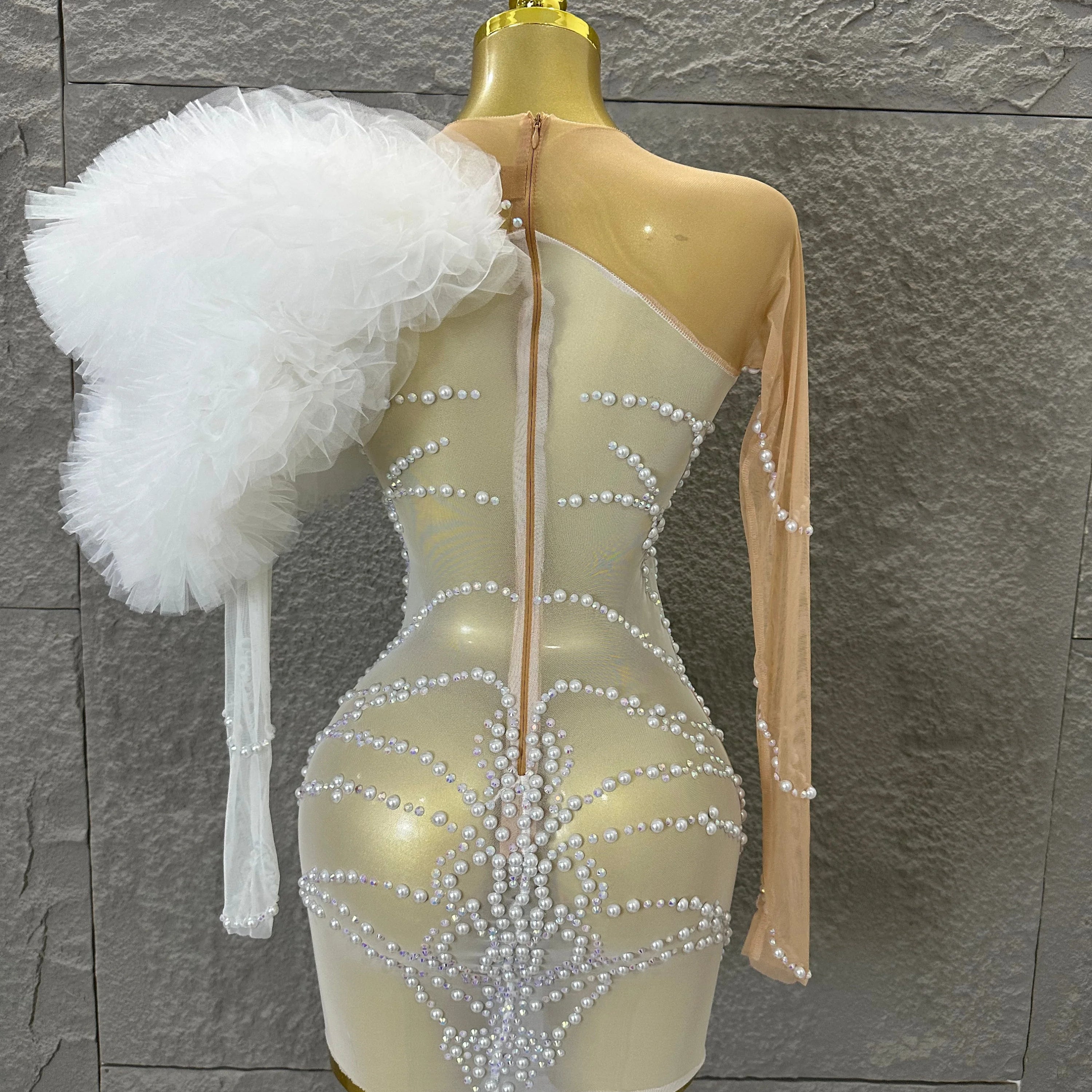 Luxurious Nude Sheer Mesh Mini Dress Women One-Shoulder Pearl Beaded Ruffle Tulle Bodycon Evening Costume