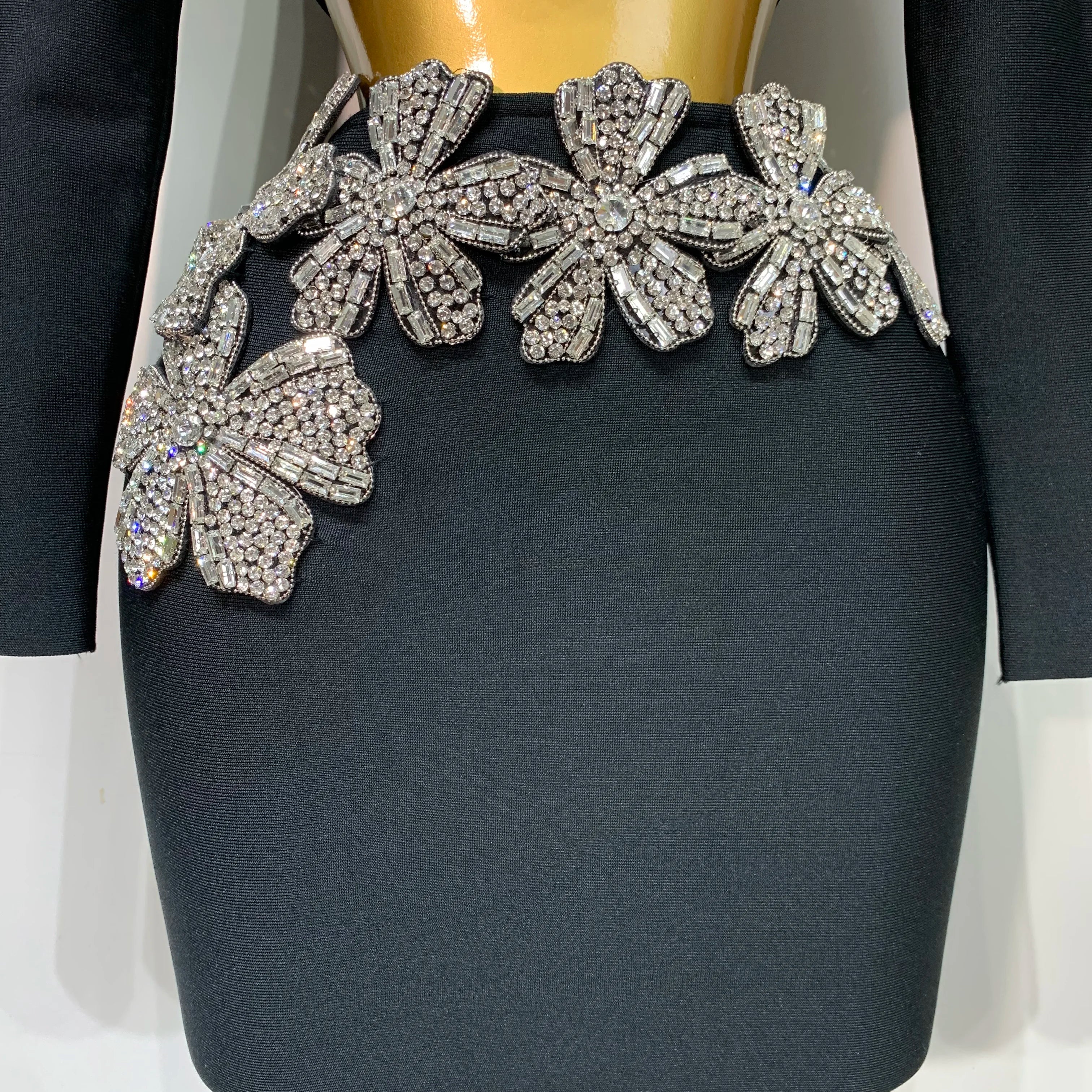 Women Long Sleeves Bandage Two Piece Sets Turtleneck Shiny Diamonds Flower Top Bodycon Mini Skirts Suits Evening Club Party Set