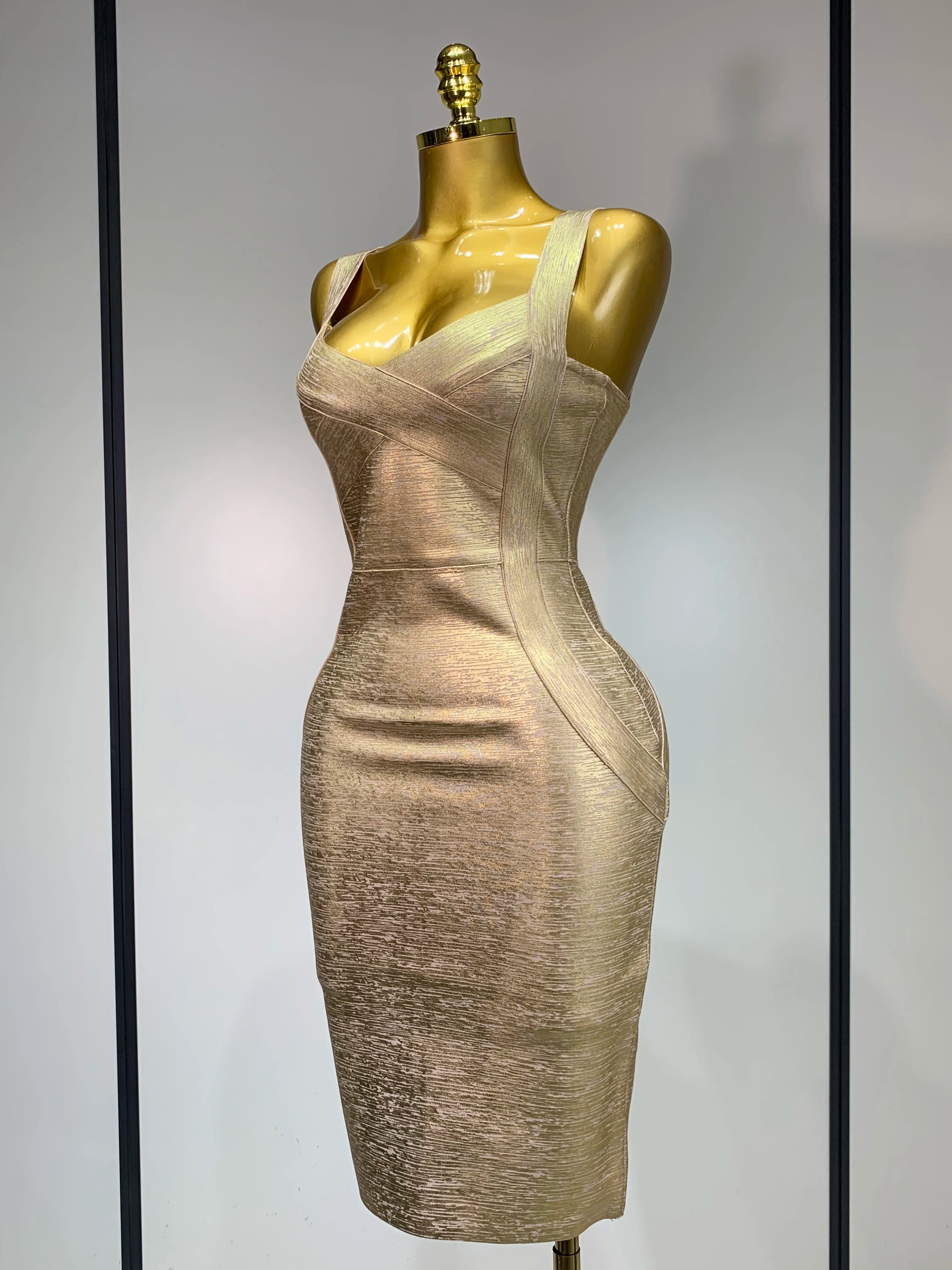Women Sexy V Neck Bronzing Gold Midi Bodycon Bandage Dress 2025 Celebrity Elegant Evening Club Party Luxury Birthday Dress