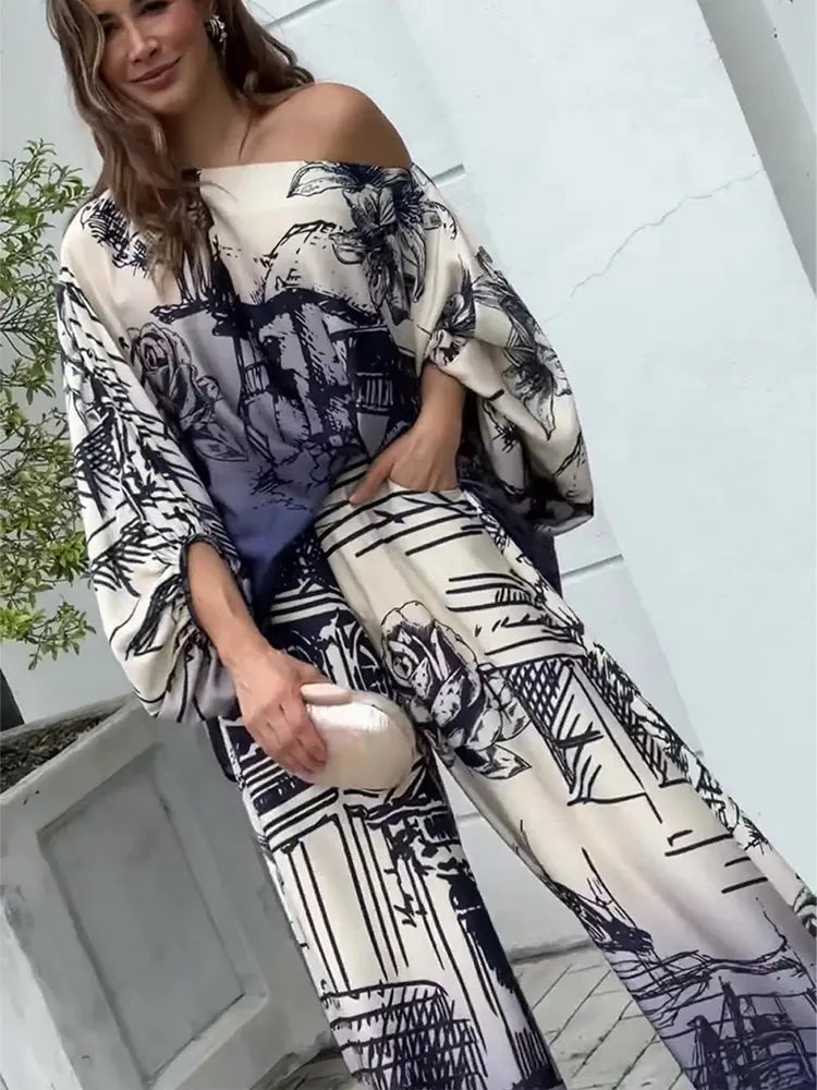 Elegant Satin Blue Print Pants 2 Piece Sets Women Fashion lantern Sleeves Shirt Wide Leg Pant Suits Loose Causal Streetwear