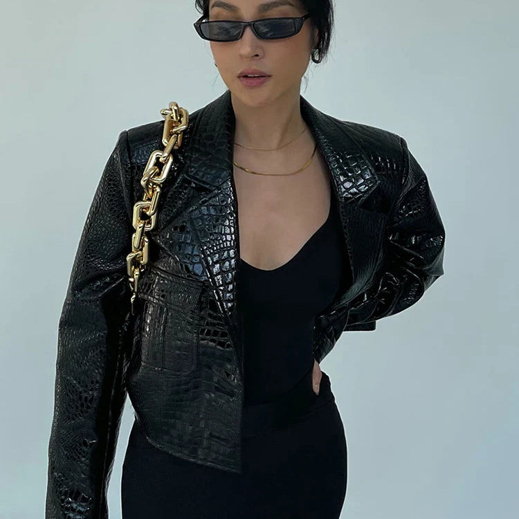 Spring Autumn Short Cool Stylish Shiny Reflective Crocodile Print Patent Pu Leather Jacket Women Runway Fashion 2023