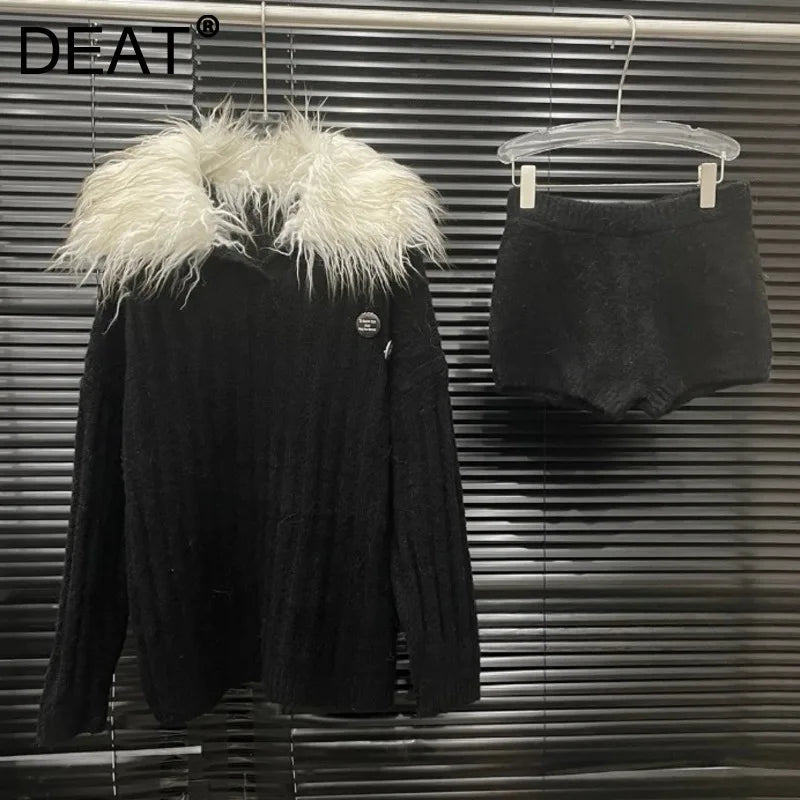 Autumn Winter New Large Fur Collar Knitted Soft Warm Sweater For Women Casual Solid Color Shorts Female 11A07781
