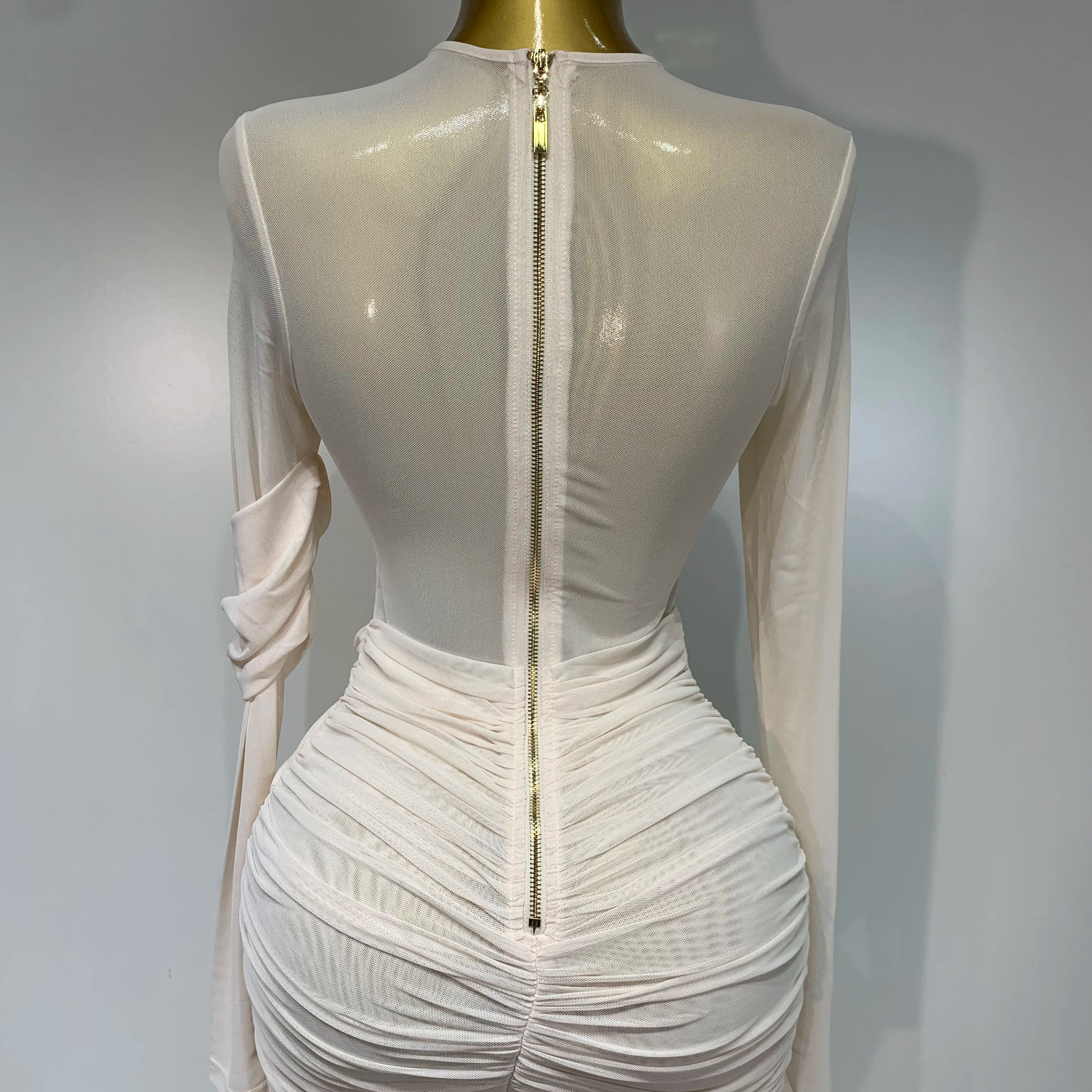 Elegant Mesh Fold Long Sleeve Bodycon Dress Women 2025 Evening Party Club Sexy Perspective Fashion Luxury Birthday Dresses