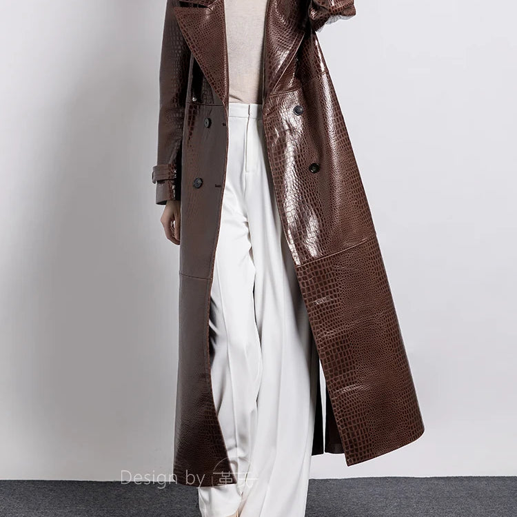 Lautaro Spring Autumn Long Shiny Reflective Crocodile Print Patent Faux Leather Trench Coat for Women Luxury Designer Clothes Coffee