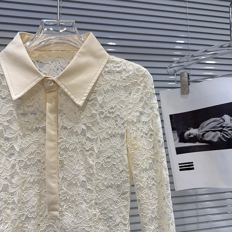 DEAT 2026 Spring New Fashionable Elegant V-neck Turn-down Collar Lace Hollow Long Sleeve Base Shirt For Women 11A07847