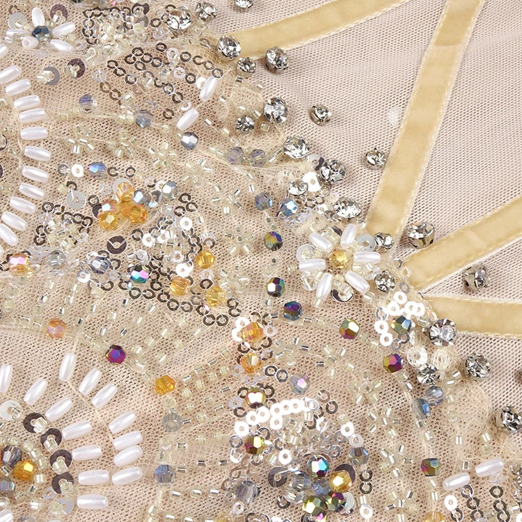 Vintage-Glam Beige Sequin Off Shoulder Strapless Mesh Design Mermaid Dress Evening Gown