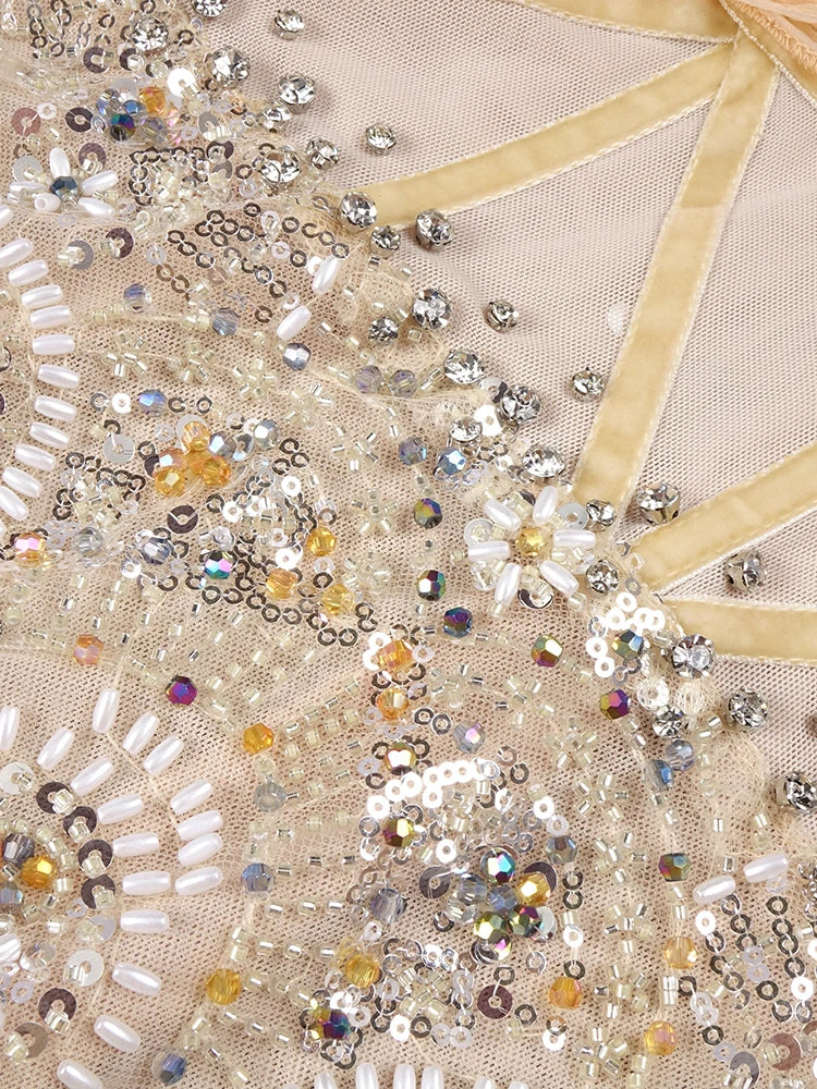 Vintage-Glam Beige Sequin Off Shoulder Strapless Mesh Design Mermaid Dress Evening Gown