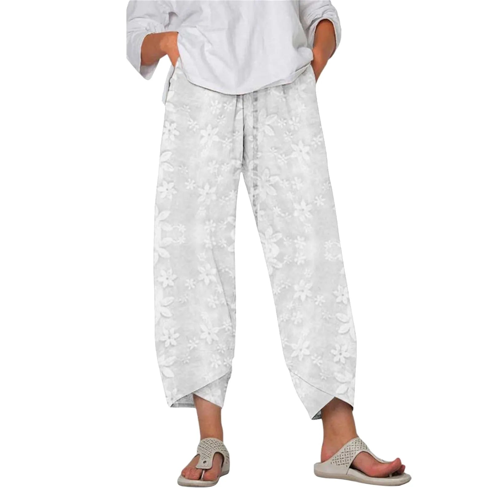 Women'S Jogging Pants Y2k Vintage Lace Knit Floral Trousers Solid Color Double Pocket Straight Pants Spring Summer Streetwear White