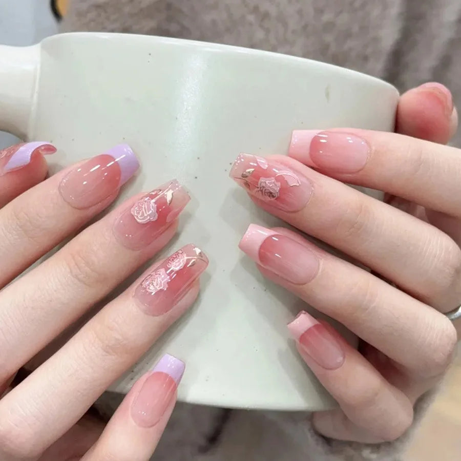 24pcs/set Medium long fake nails Swan fish flowers for summer season gradient almond square ballet tips press on false nails 2246