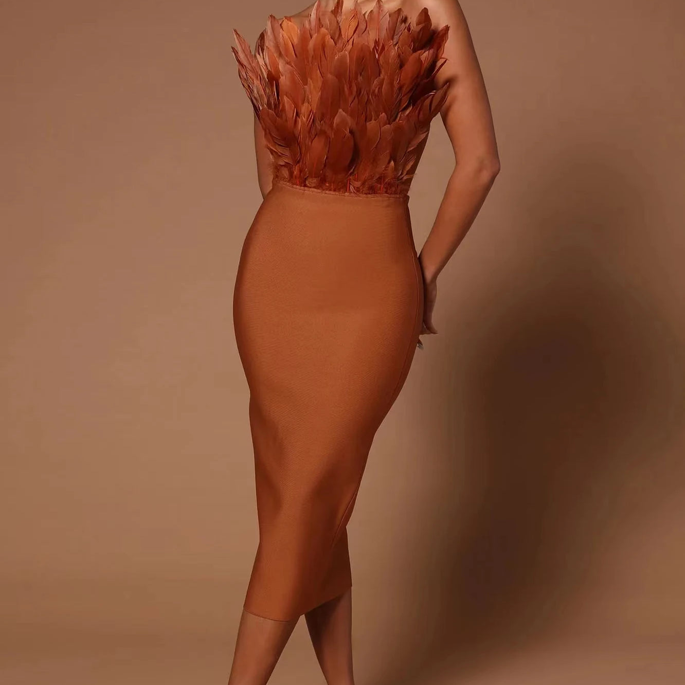 Brown Rosered Women Sexy Feathers Off the Shoulder Bodycon Mid-calf Dress Rayon Bandage Birthday Party Costume Brown