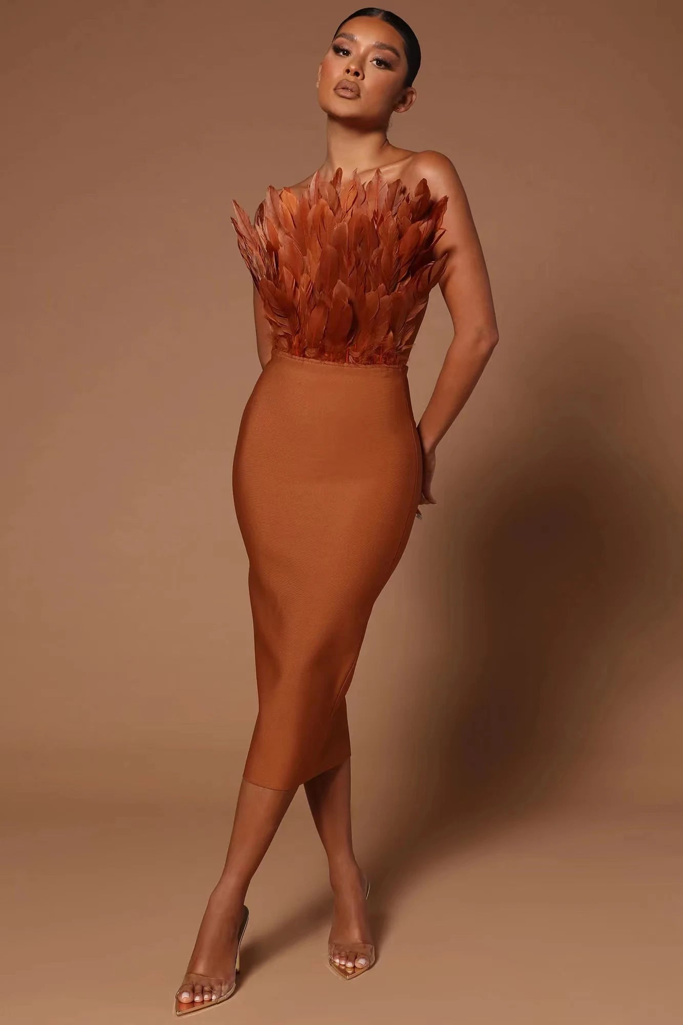 Brown Rosered Women Sexy Feathers Off the Shoulder Bodycon Mid-calf Dress Rayon Bandage Birthday Party Costume Brown