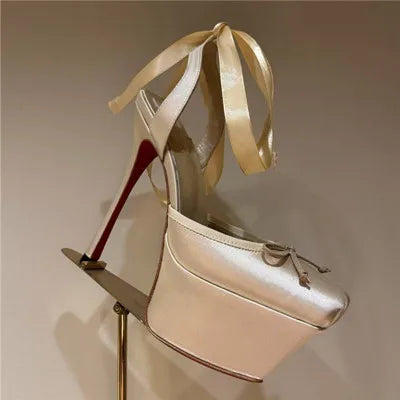 Women Lace-Up High Heeled Shoes for Woman's Square Toe Thin Heels Platform Pumps Mujer Pleated Slingback Wedding Luxury Sandals