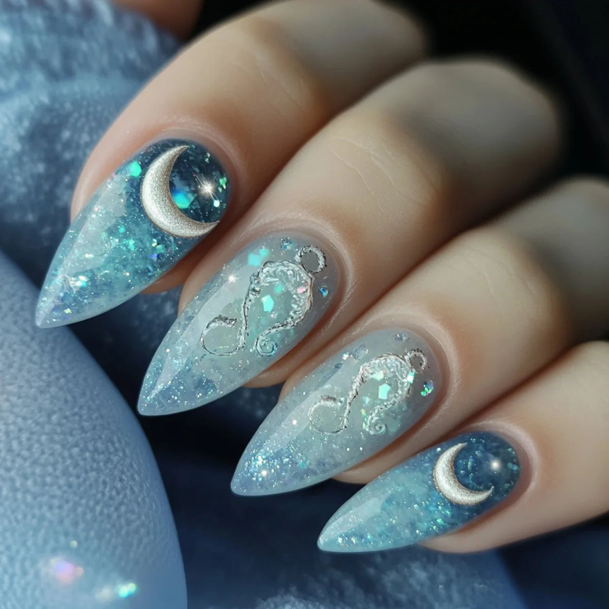 Medium fake nails for women gilrs gradient blue pink starry sky star moon Y2K design Almond nail tips press on false nail set 2254