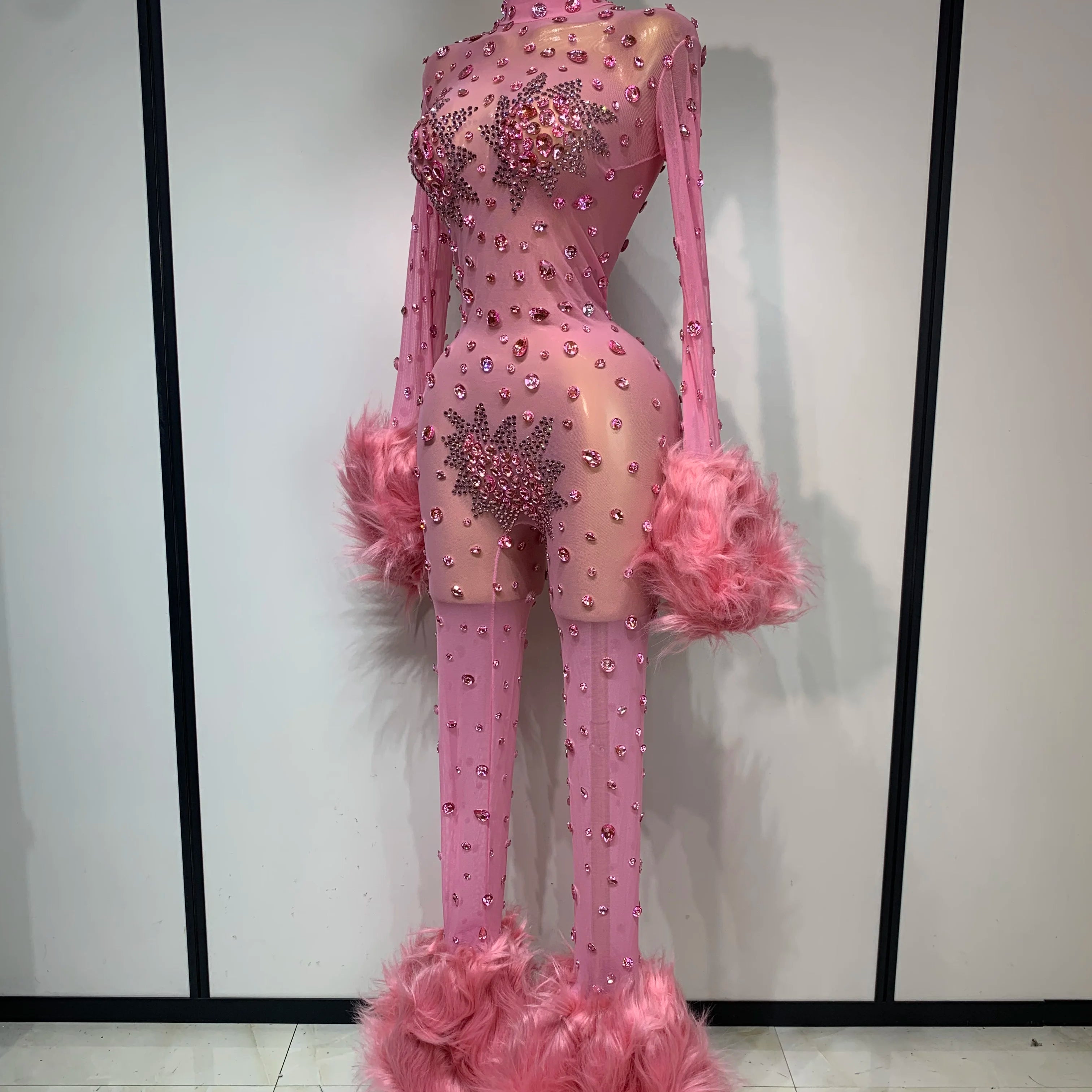 Shiny Diamond Mesh See Through Bodycon Jumpsuit Women Sexy Long Sleeve Performance Singer Costume Nightclub Stage Outfit