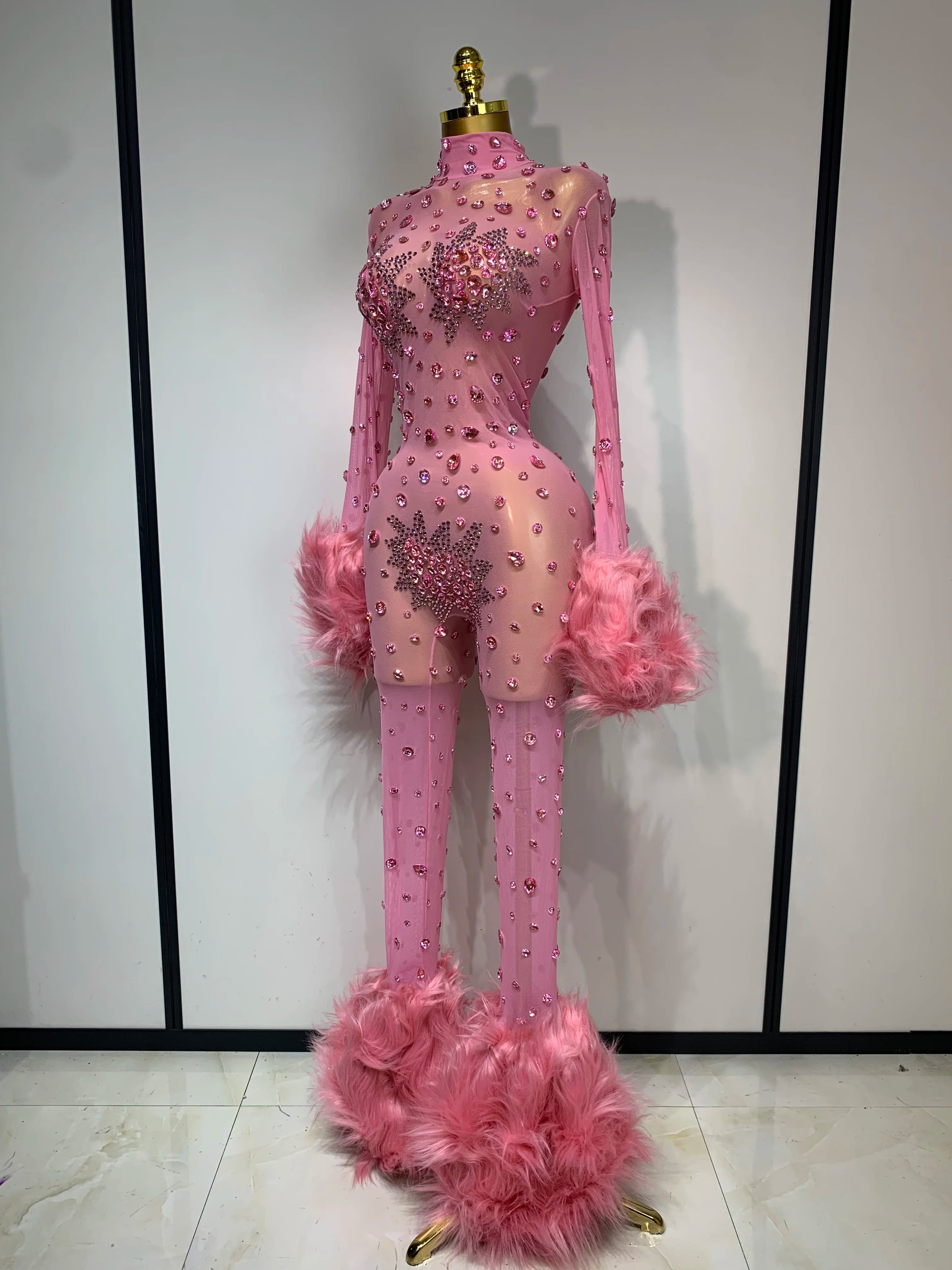 Shiny Diamond Mesh See Through Bodycon Jumpsuit Women Sexy Long Sleeve Performance Singer Costume Nightclub Stage Outfit