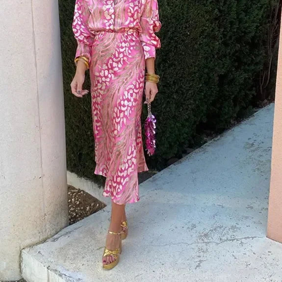 Elegant Printed Shirts Skirts For Women Fashion Lapel Sleeves High Waist 2-piece Suits Summer Lady High Streetwears Pink overskirt