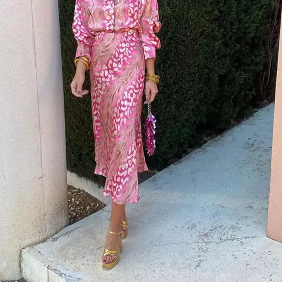 Elegant Printed Shirts Skirts For Women Fashion Lapel Sleeves High Waist 2-piece Suits Summer Lady High Streetwears Pink overskirt