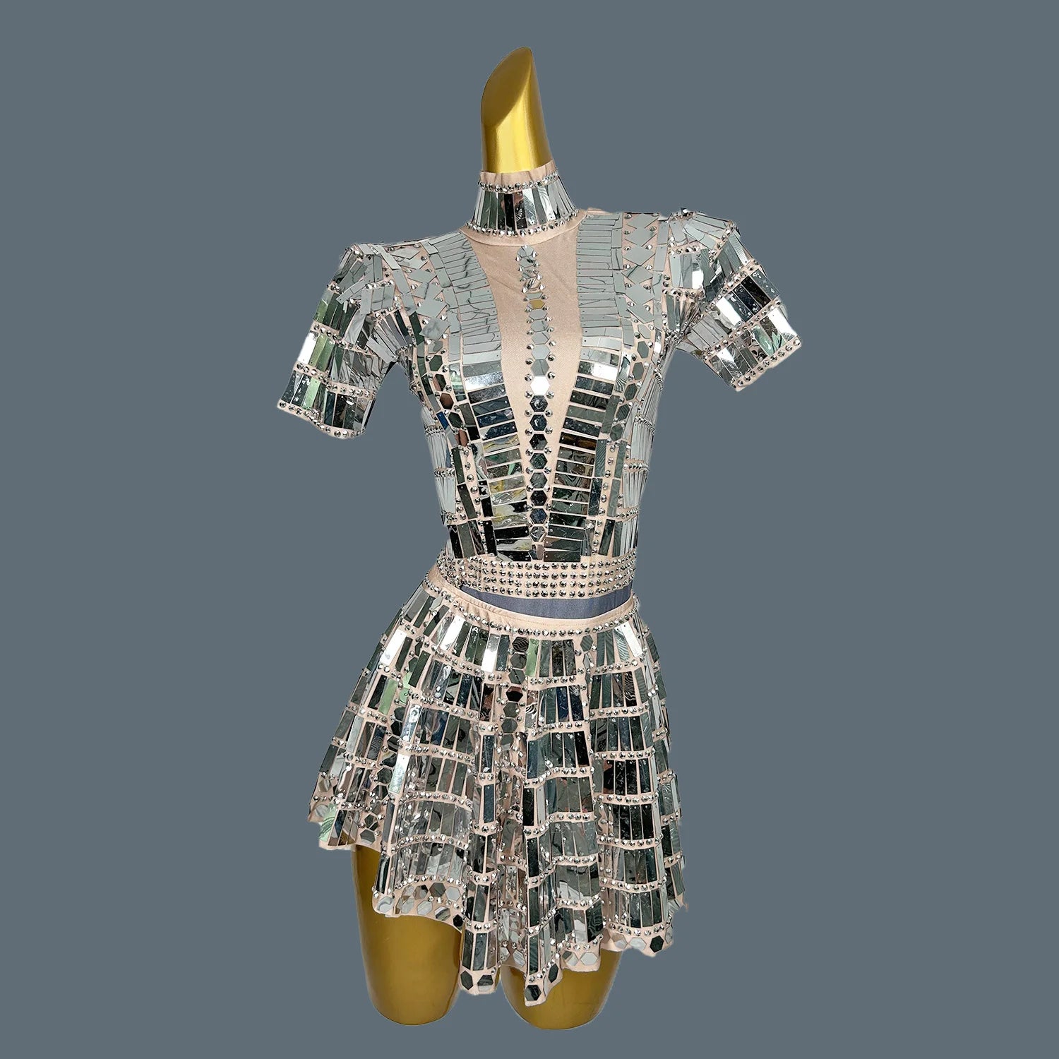 Women's Stage Show Bodysuit Mini Skirt 2Pcs Set Nightclub Dance Costume Birthday Party Shine Sequins Singer Wear Lianghuanghuang Silver