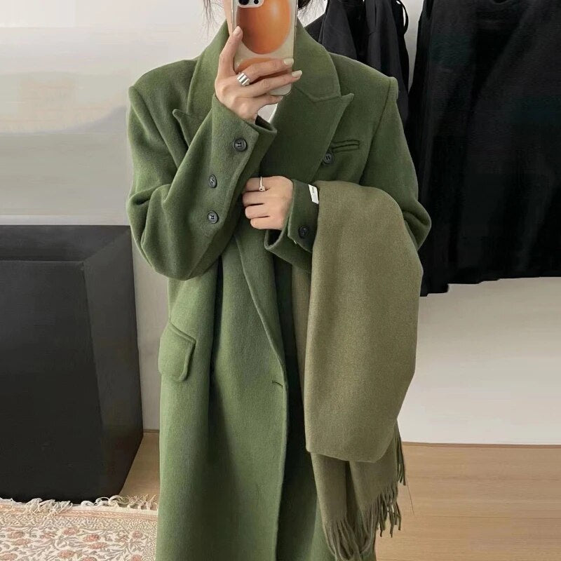Winter Coats for Women 2024 Woolen Coat Long Single Breasted Womens Clothing Coats and Jackets Autumn Patchwork green