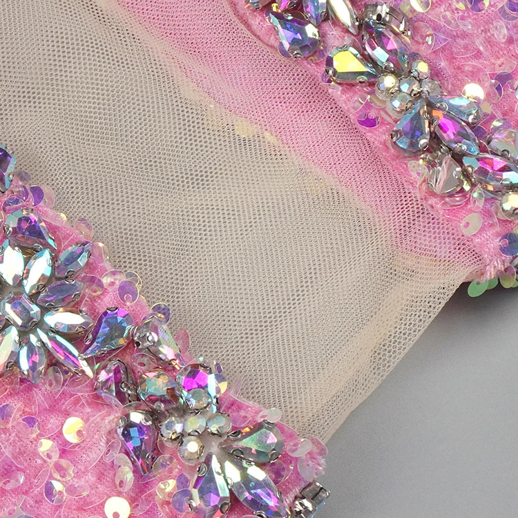 Pink Sparkly Sequins Long Dress Beaded Crystal Feather Embellished High Slit Straight Floor-length Prom Evening Gown Vestidos