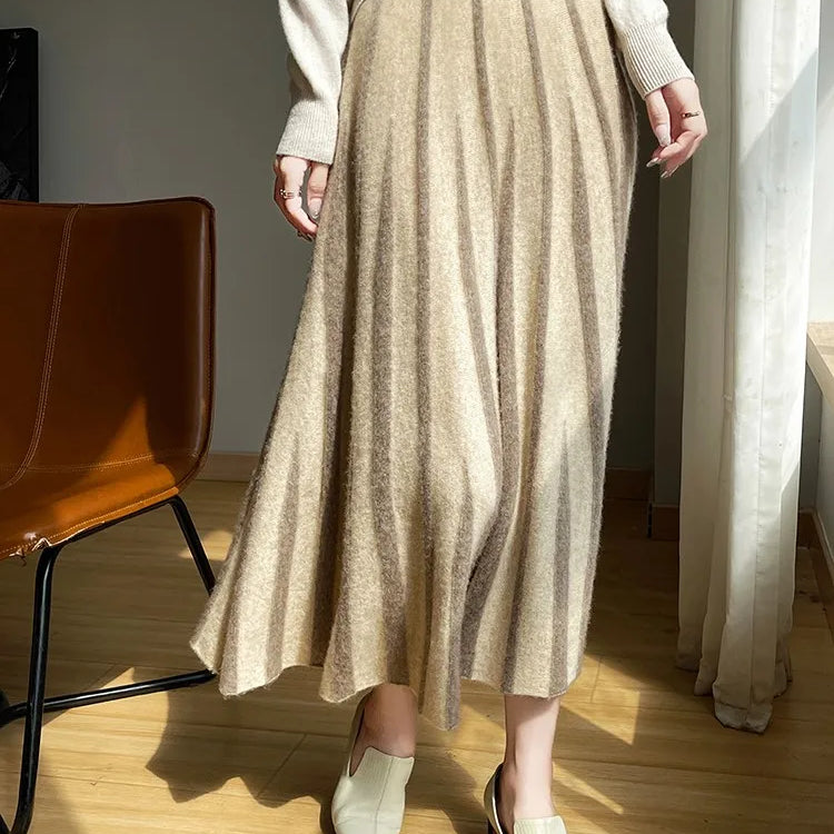 100% Pure Wool Half Skirt Women's High Waisted Knitted Long Skirt Fashion Striped A-Line Skirt Umbrella Skirt Autumn Winter New