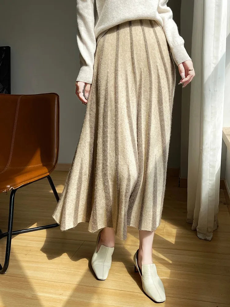 100% Pure Wool Half Skirt Women's High Waisted Knitted Long Skirt Fashion Striped A-Line Skirt Umbrella Skirt Autumn Winter New