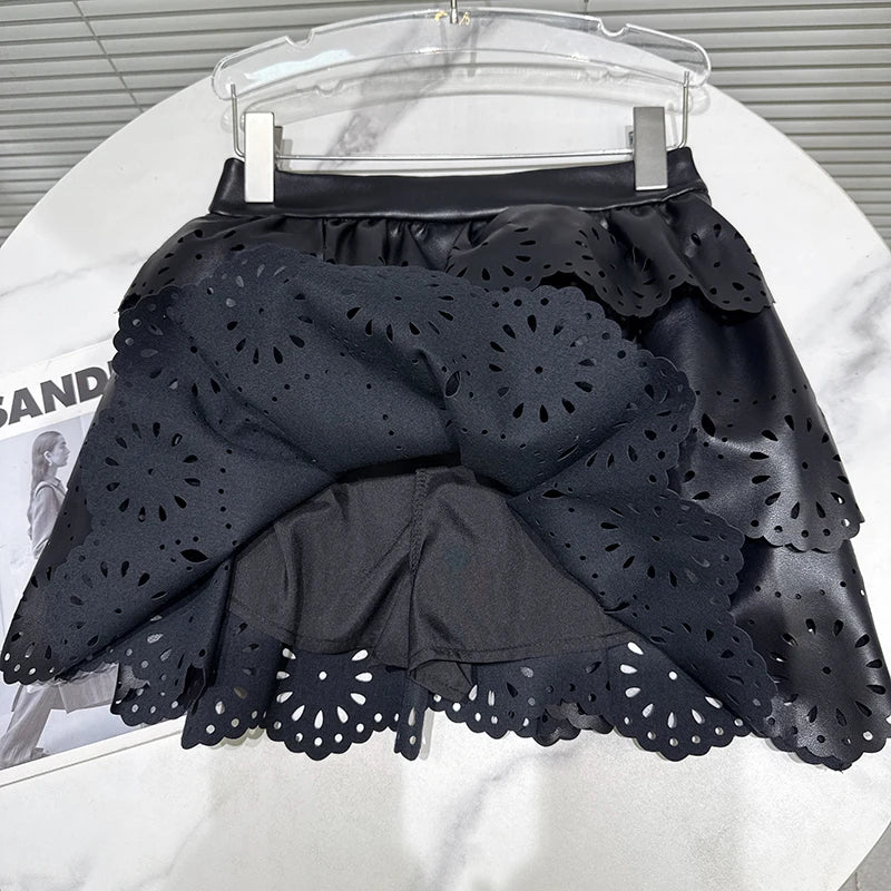Winter New Fashion Women's Two-pieces Set For Women Hollow Out Shawl Quilted Leather Jacket Cake Skirt Female 11A07466