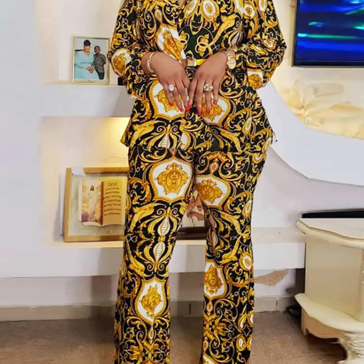 Plus Size 5XL VONDA Women Printed Pant Sets Summer Bohemian Suits Casual 2PCS Loose V-Neck Long Sleeve Tops and Trousers Sets
