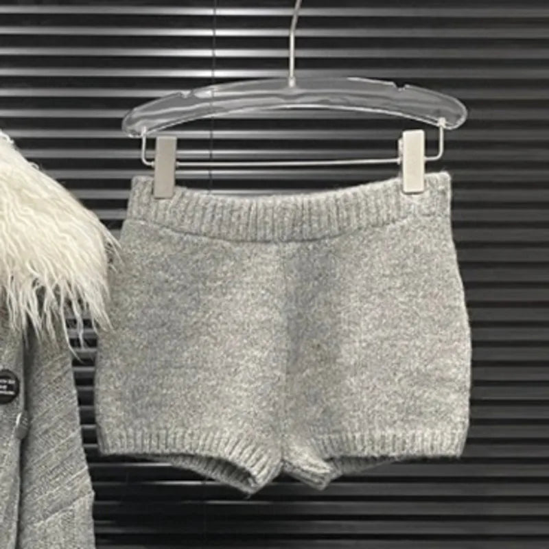 Autumn Winter New Large Fur Collar Knitted Soft Warm Sweater For Women Casual Solid Color Shorts Female 11A07781 only Grey Shorts