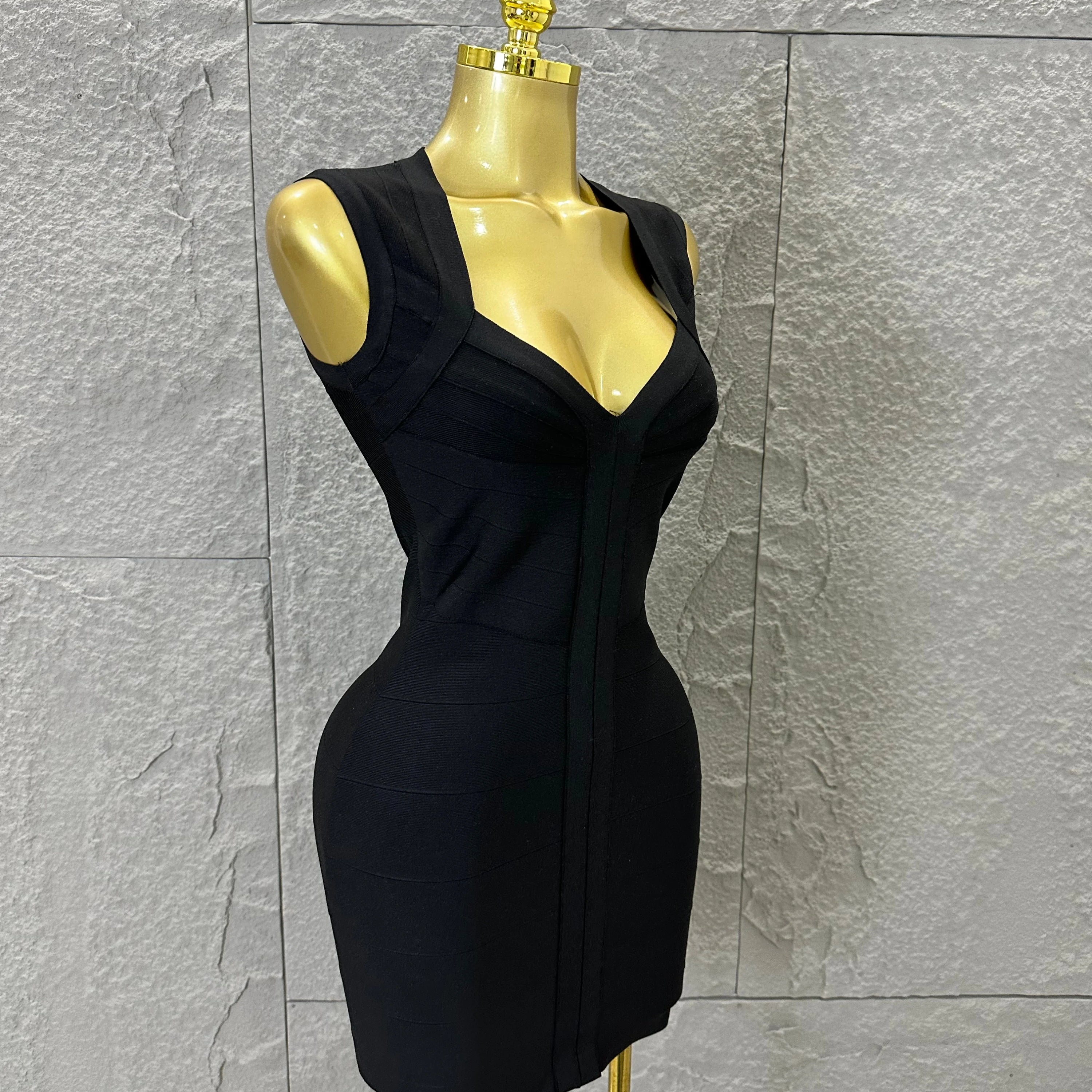 2026 Women Elegant Black Sleeveless Mini Dress Women Sexy Deep V Neck Bandage Form-Fitting Outfit Cocktail Party Costume