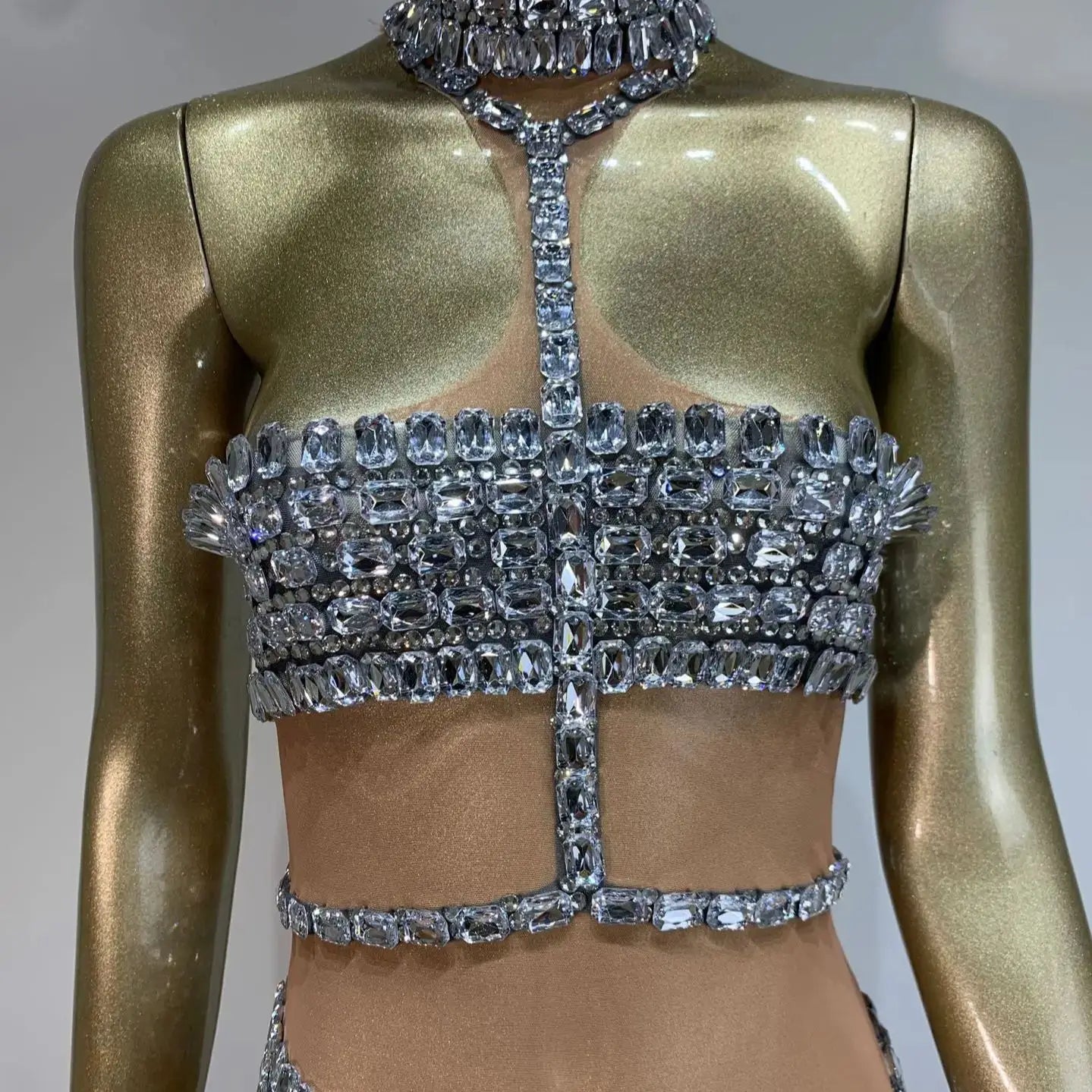 Celebrity Women Sexy U Neck Crystal Diamonds Mesh Mini Dress Birthday Party Costume Bar Nightclub Stage Performance Outfit