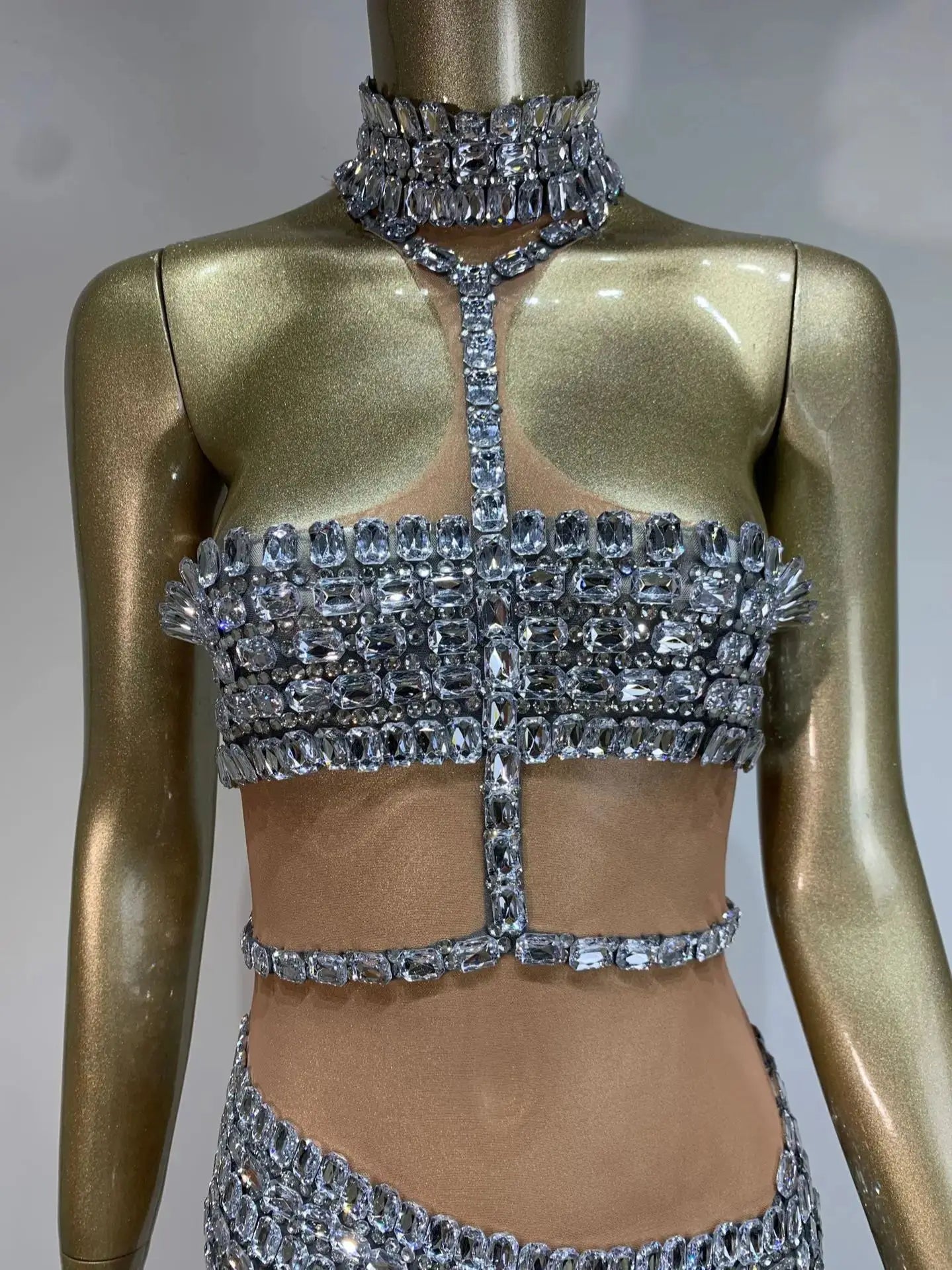 Celebrity Women Sexy U Neck Crystal Diamonds Mesh Mini Dress Birthday Party Costume Bar Nightclub Stage Performance Outfit