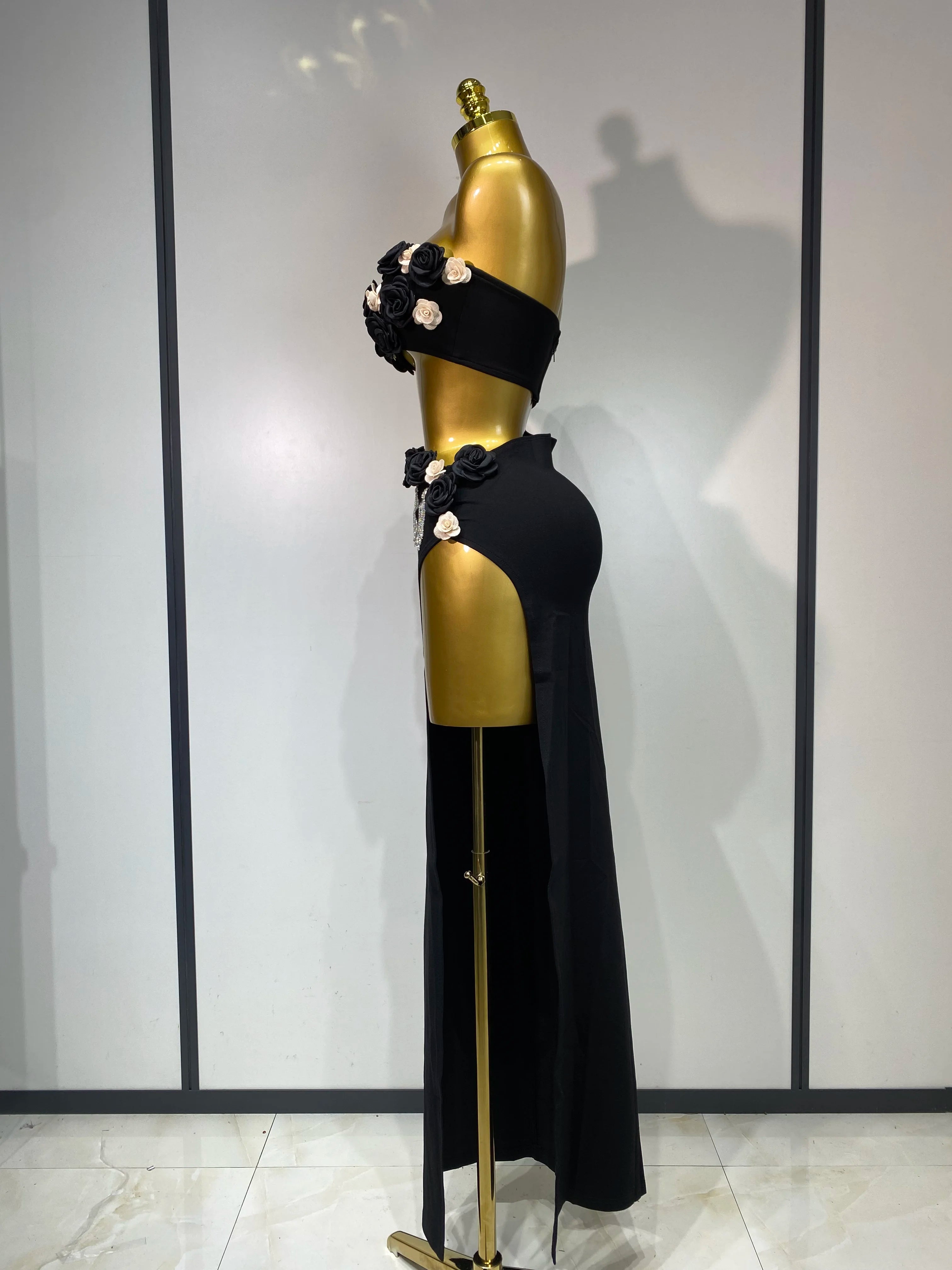 Women Sexy Flower Strapless Top High Slit Long Skirt Elegant Evening Party Two Piece Set Luxury Birthday Club Gown