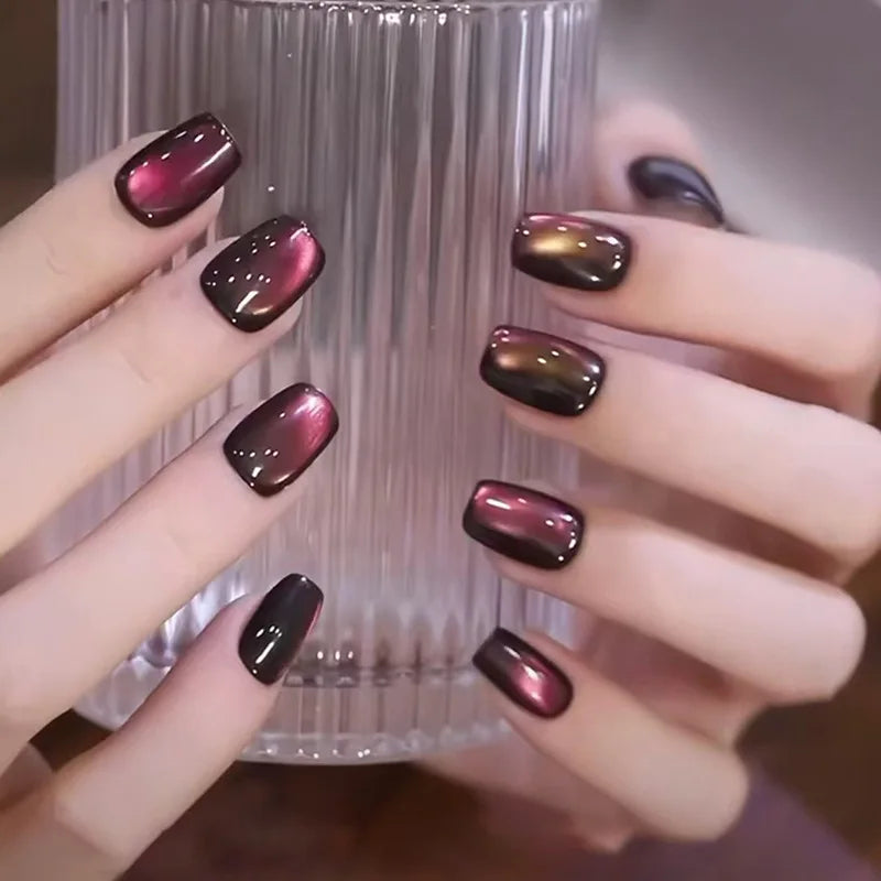 24Pcs/30Pcs Short Square Ballet False Nails Full Cover Glitter Cat Eye Press on Nail Wearable Fashion Nail Patch with Jelly Glue 3