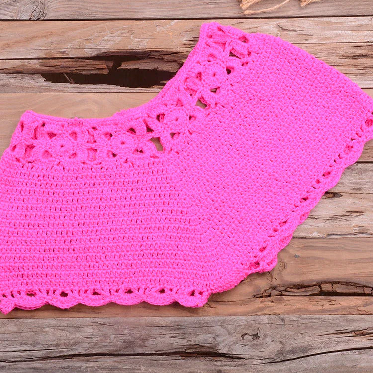 Bikini 2022 knitting Swimsuit Crochet Bikini Bohemia Style Off Shoulder High Neck Bathing Beach Bikinis Handmade Crochet Bikini Rose Red Bottom