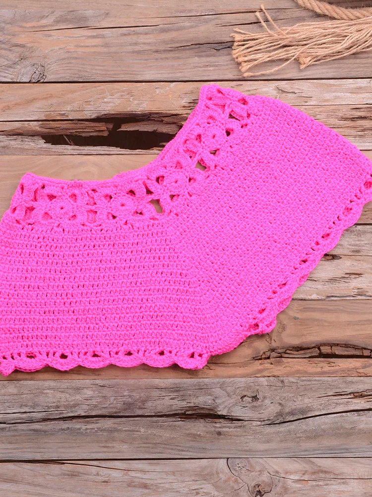 Bikini 2022 knitting Swimsuit Crochet Bikini Bohemia Style Off Shoulder High Neck Bathing Beach Bikinis Handmade Crochet Bikini Rose Red Bottom