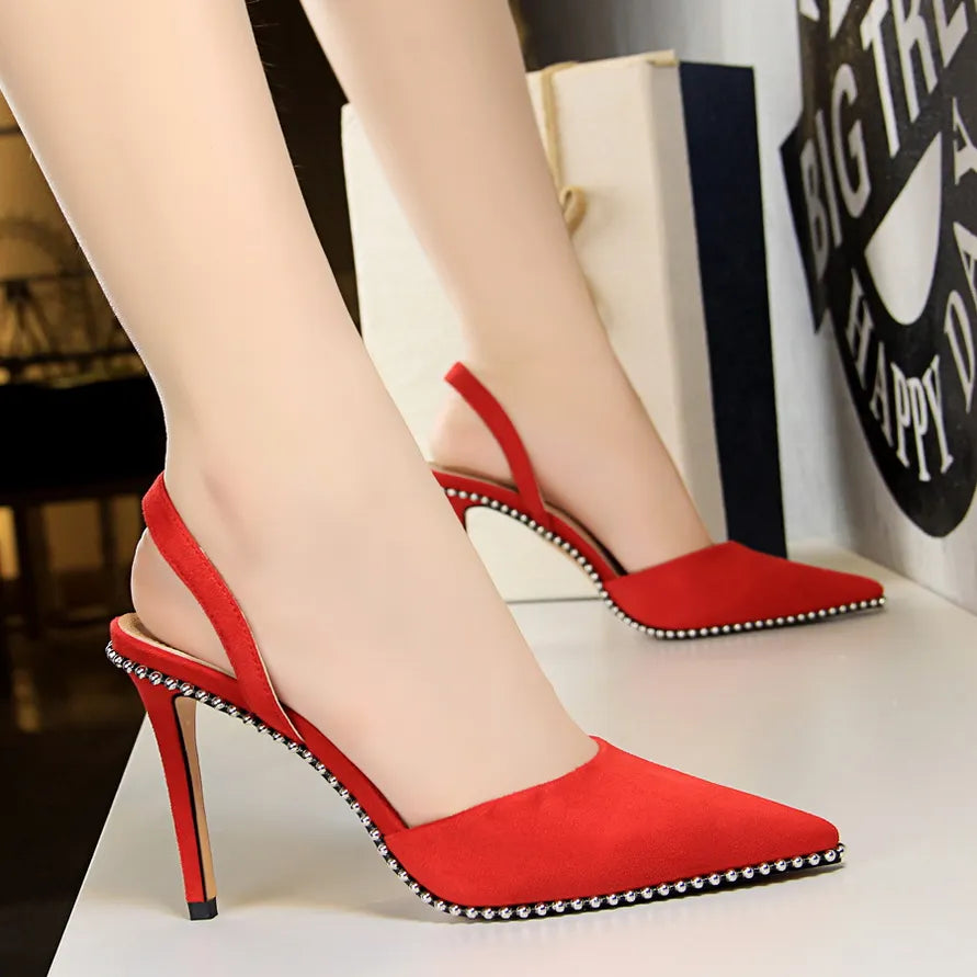 Women 9m High Heels Sandals Lady Suede Slingback Mules Sandles Summer Stripper Nightclub Dress Rivets Replica Hollow Party Shoes