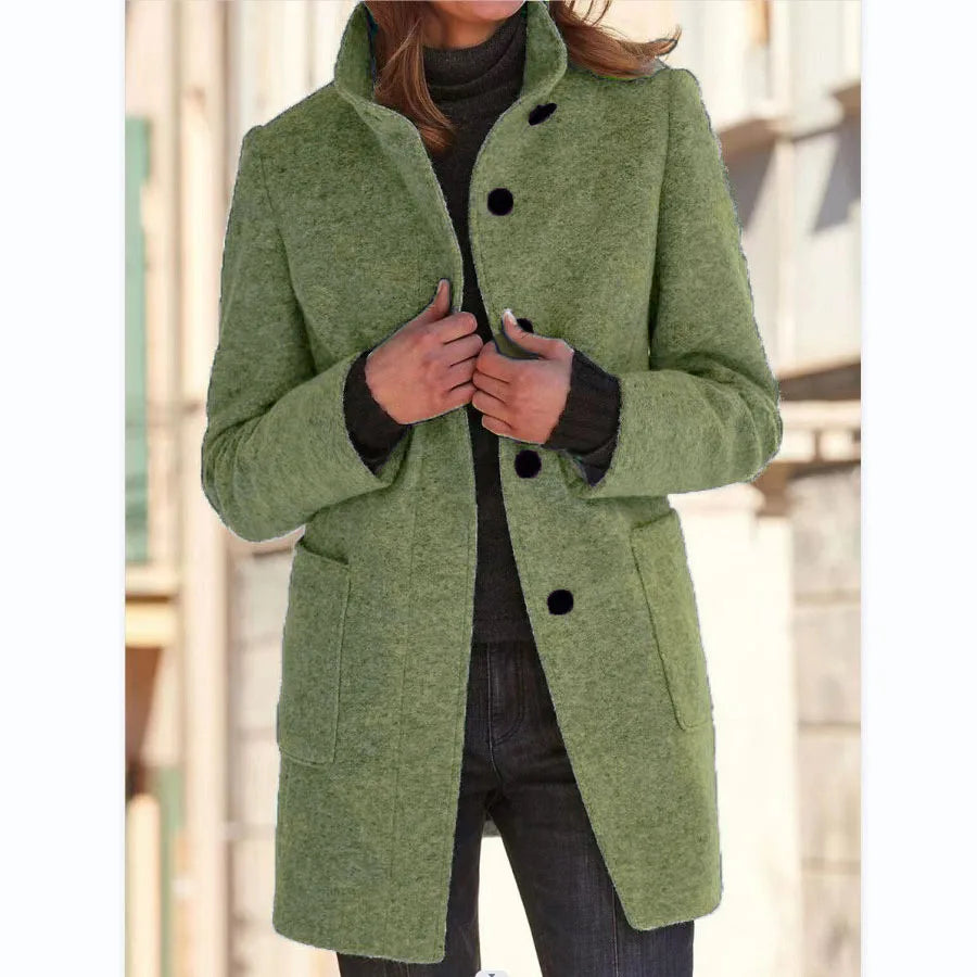 Vintage Women Overcoat Solid Button Stand Collar Woolen Coat Female Autumn Winter Fashion Long Casual Thick Ladies Jacket Light green