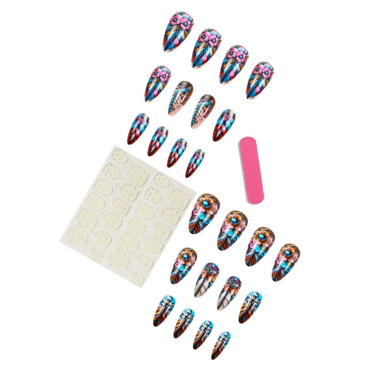 Colorful Feathers Press on Nails Diamond Fake Nails Set Floral Pattern Wearable Acrylic Nails Almond Press on Nail Tips