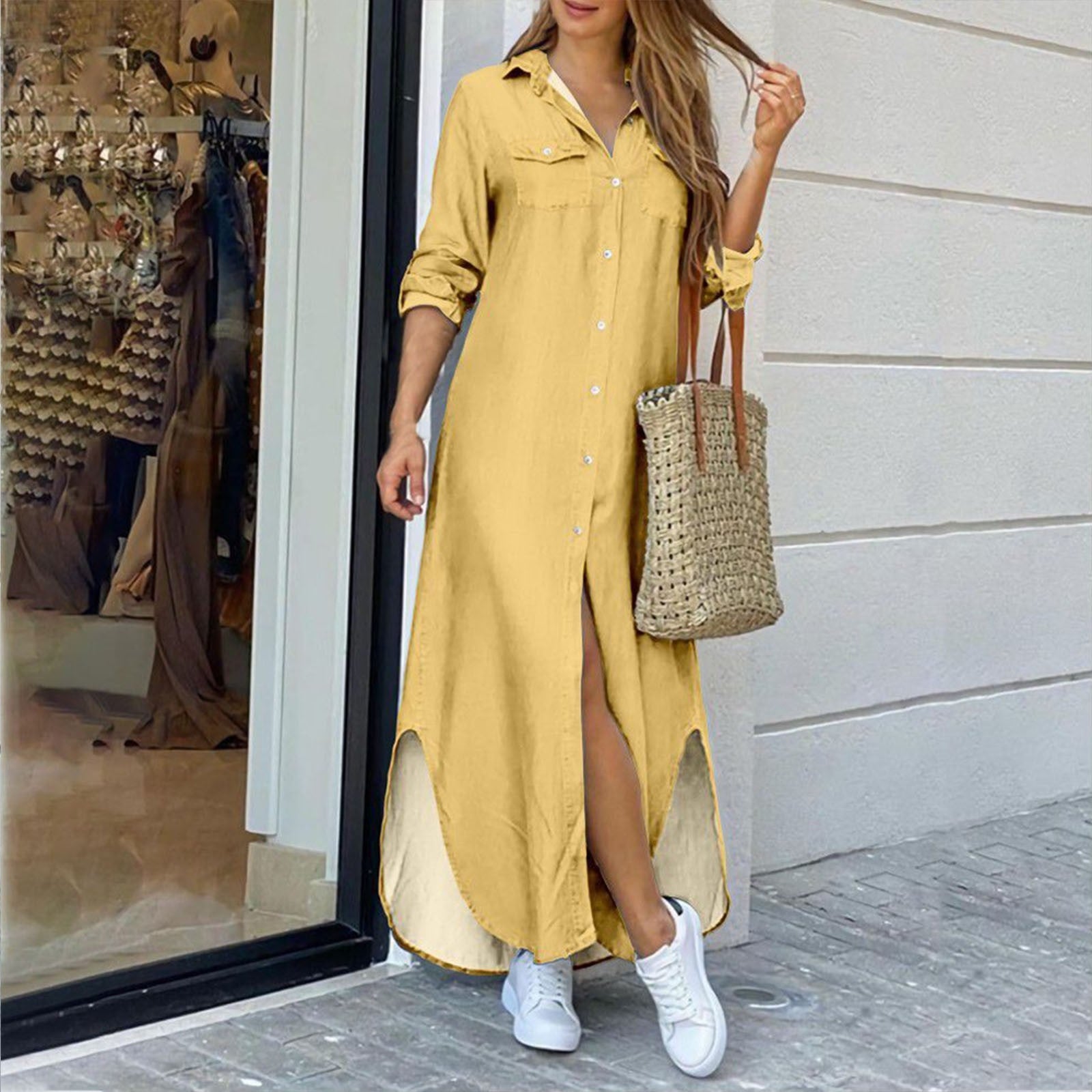 Summer Fashion Elegant Shirt Dress Women - Print Long Sleeve Button Ladies Office Holiday Casual Clothing Female Maxi Dress Yellow