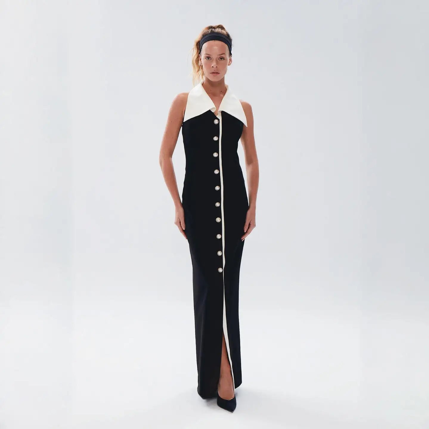 2024 Celebrity Red Carpet Dress Women Sexy Backless Peter Pan Collar Button Long Dress Celebrate Evening Party Cocktail Outfit black