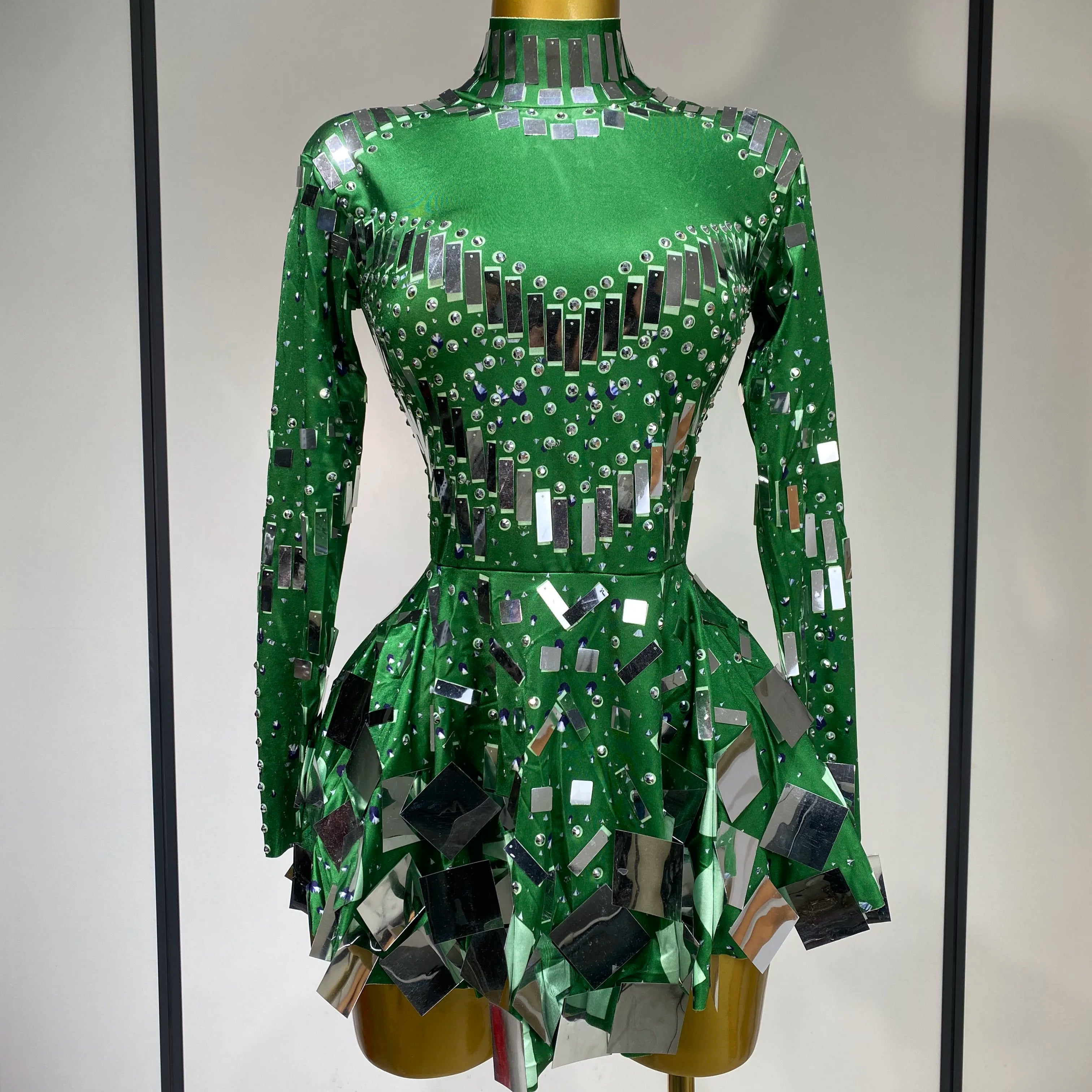 Women Sexy High Elastic A-Line Long Sleeve Dress Performance Costume Sparkly Nightclub Evening Party Hotwife Stage Outfit green
