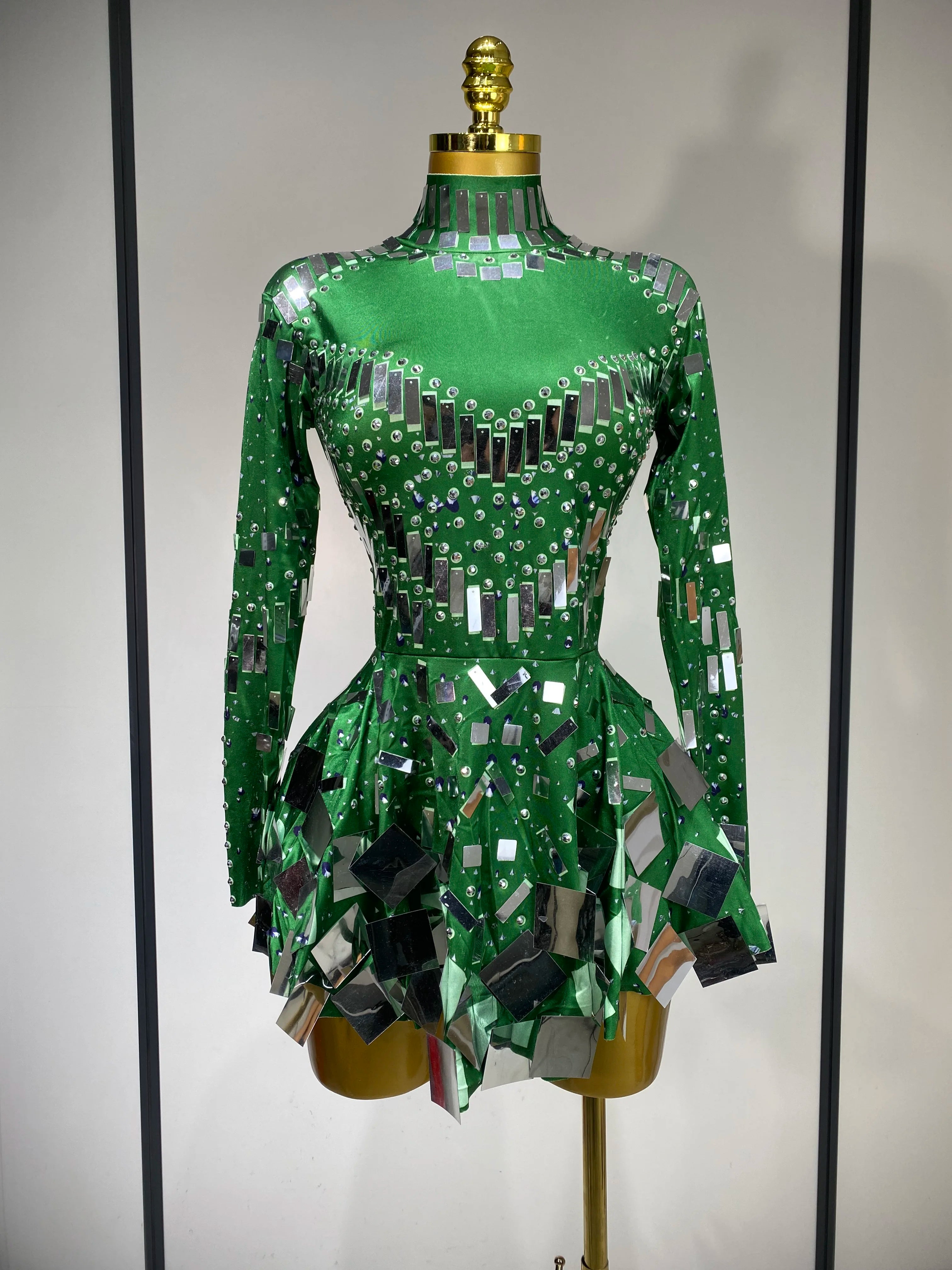 Women Sexy High Elastic A-Line Long Sleeve Dress Performance Costume Sparkly Nightclub Evening Party Hotwife Stage Outfit green